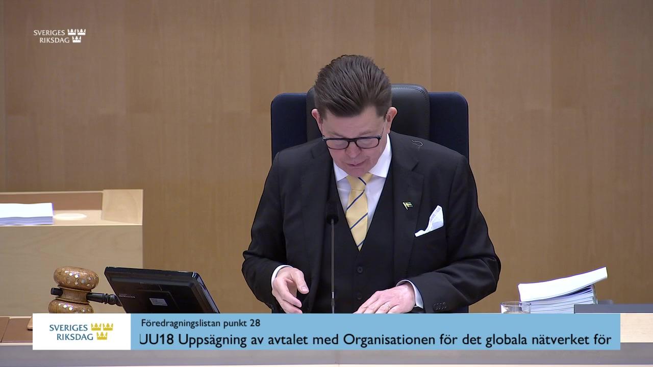 Stillbild från Debatt om förslag, Uppsägning av avtalet med Organisationen för det globala nätverket för vattenfrågor