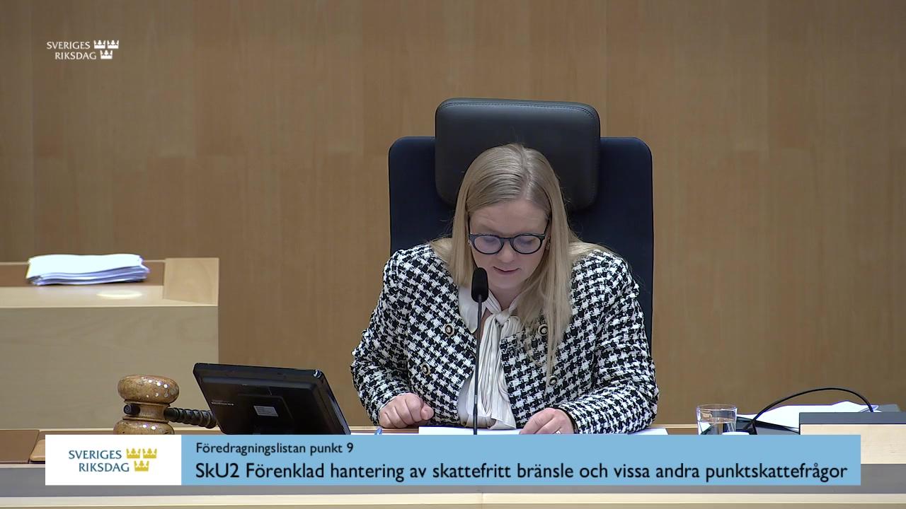 Stillbild från Debatt om förslag, Förenklad hantering av skattefritt bränsle och vissa andra punktskattefrågor