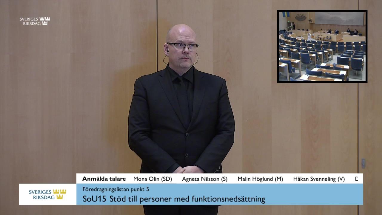 Stillbild från Debatt om förslag, Debatt om förslag: Stöd till personer med funktionsnedsättning - teckenspråkstolkad